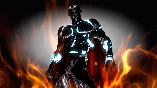 A technological superhero looking to the horizon in fire. / You can see the animation movie of this image from my iStock video portfolio. Video number: 1472922721