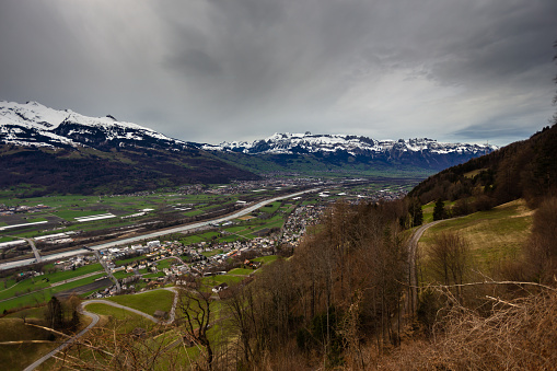 Vaduz, the capital city of the microstate of Liechtenstein, on an overcast day in early spring. This still image is part of a series, a time lapse video is also available.