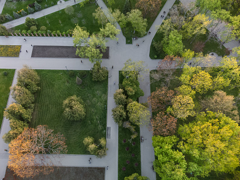 Aerial look down on city park lanes in green spring Shevchenko City Garden. Recreation in Kharkiv, Ukraine