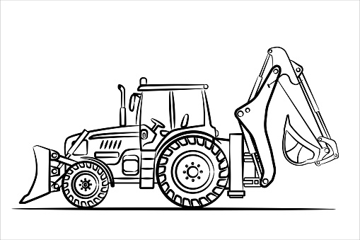A hand drawn line art of a tractor. Sketch of a backhoe loader. Excavator, side view. Coloring. Drawing for children. Coloring book. Special equipment. Modern flat vector illustration.