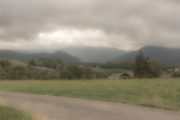 Landscape on a cloudy day. Rainy weather. Bad weather in the village. Rural landscape. Camino de Santiago. St. Jacob's Way.
