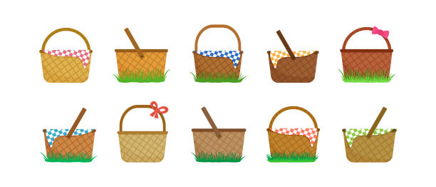 ilustraciones, imágenes clip art, dibujos animados e iconos de stock de cesta de picnic de pascua, bolsa de madera simple en hierba, cesta de paja con lazo. ilustración de dibujos animados - wicker basket store gift shop