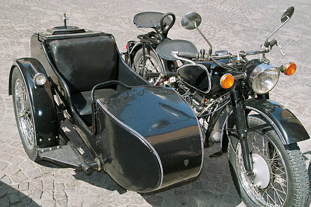 Sidecar Vintage, and fully working, black german motorcycle with sidecar. sidecar stock pictures, royalty-free photos & images