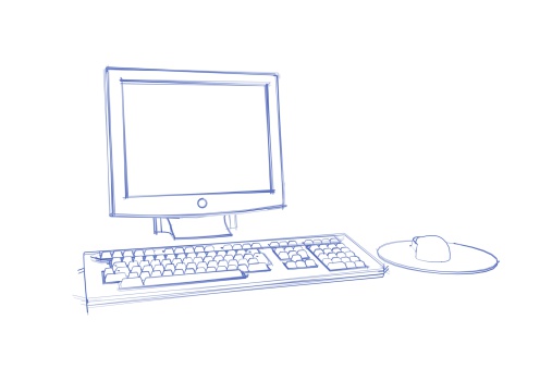 Sketch of computer, keyboard and mouse, isolated on white background.