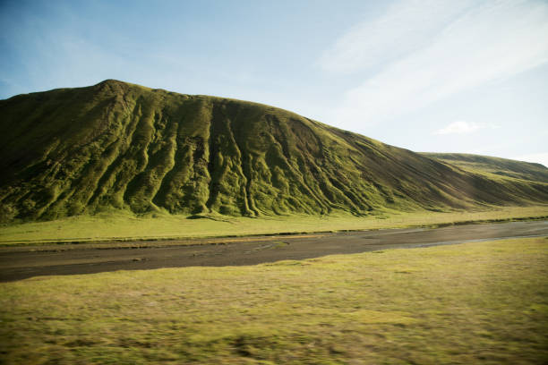 Volcanic landscape with green mountain. Iceland