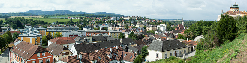 The panoramic view of Melk tourist town with historic Melk Abbey on a right (Austria).