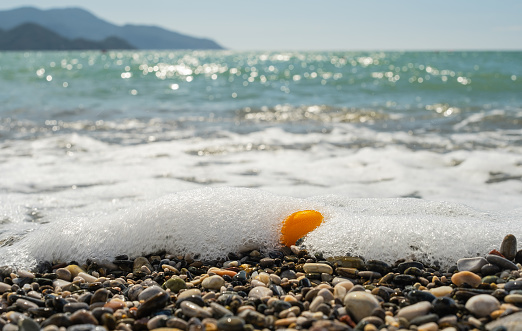 Surf on a pebble beach, a bright orange kumquat fruit in sea foam carried by a wave to the beach, selective focus on the sea on a bright sunny day, vacation time or idea for a background