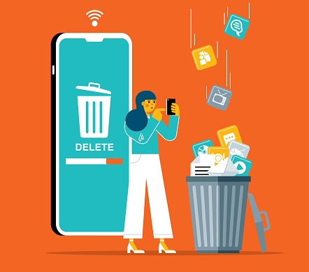 People cleaning mobile phone from trash files. woman deleting documents with cleansing software flat vector illustration