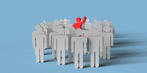 Career Stick Figures Icon Set concept: In between many white figure one red stickman is holding the arm up to present own ideas. 3D Business presentation on blue background, copy space.