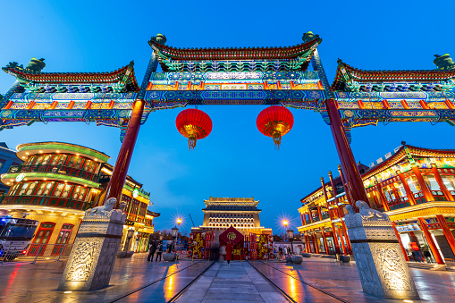 On February 21, 2023,the night view of the Qianmen Street in Beijing, China, Dashilanr is a famous commercial street in front of the front door of Beijing.Ancient architecture in Beijing, China