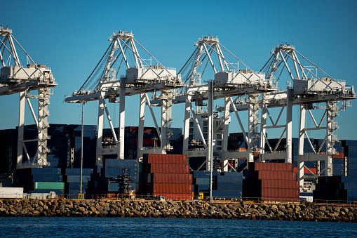 Santos, São Paulo - Brazil - January 29, 2011: Container Terminal. CMA CGM Nilgai, Monrovia ship loaded at terminal 37 at the port of Santos.