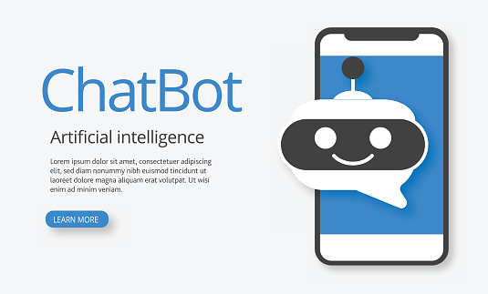 Vector illustration of a Chat Bot virtual assistant web banner template layout with device screen concept. Easy to edit vector eps. Includes high resolution jpg.