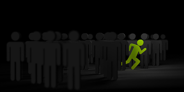 Career Stick Figures Icon Set concept: Green stickman illustration running out of the line of many other grey figure silhouettes. 3D Business presentation on black background, copy space.