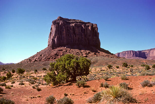 Majestic rock in Monument Valley, Arizona A single rock formation pierces the blue sky (perfect for copy space) in Monument Valley, Arizona. hearkencreative stock pictures, royalty-free photos & images