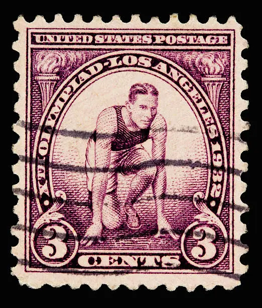 A 1932 issued 3 cent United States postage stamp showing Sprinter at starting mark.