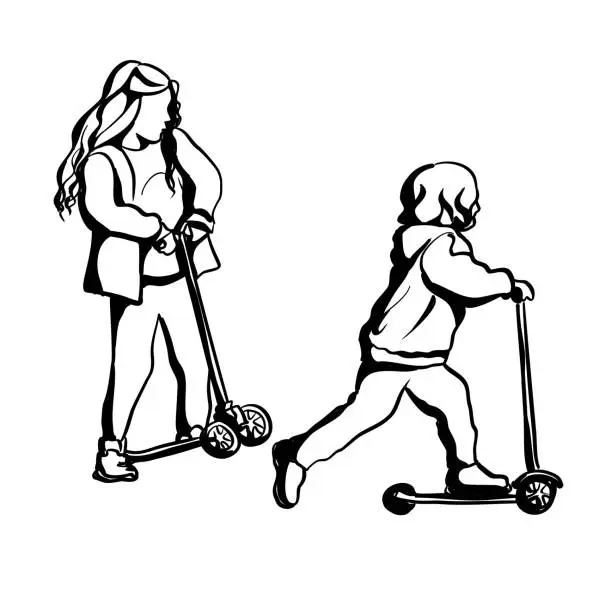 Vector illustration of Sibblings On Scooters Ink