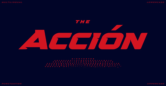 Bold red dynamic alphabet, sport sans typeface, impactful versatile font for speed logo, action headline, powerful racing typography, game design. Vector typographic design.
