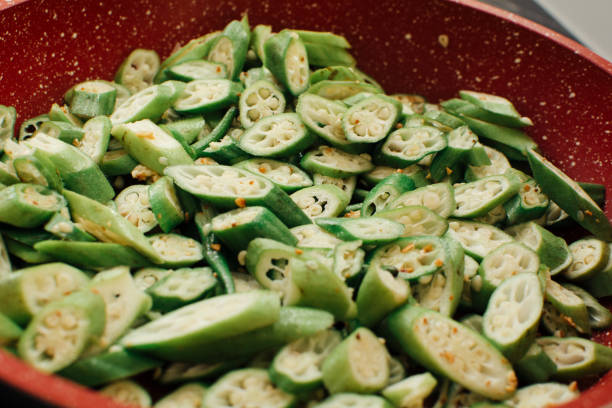istock Grilled Chopped Okra in Red Frying Pan 1473380527