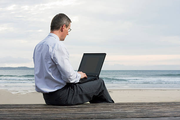istock Businessman working with laptop on a beach 147338224