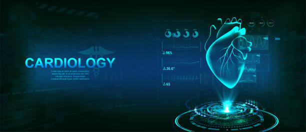 Healthcare Heart hologram, Cardiology technology concept Healthcare Heart hologram, Cardiology technology concept with futuristic interface HUD. Modern medical examination for monitoring the scanning and analysis of heart disease. Vector illustration blood wallpaper stock illustrations