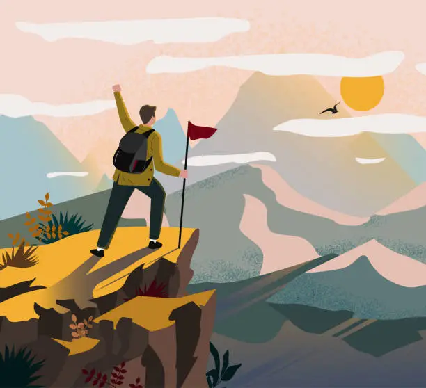 Vector illustration of A traveler man on top of a mountain with a backpack and a flag