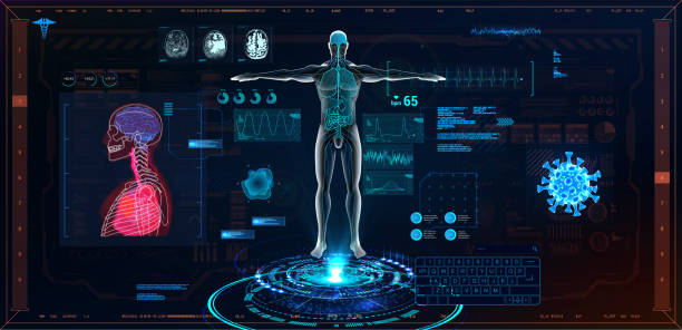 Medical infographic HUD. Health and healthcare Medical infographic HUD. Health and healthcare and structure of human organs. Medical Infographic (Heart, brain mrt, lungs, stomach, kidney and human brain in 3D) Body Scanning Sci fi, UI, HUD. Vector human brain parts and functions diagram backgrounds stock illustrations