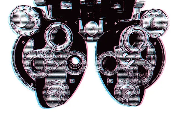 Vector illustration of Phoropter, eye test equipment with Glitch Technique