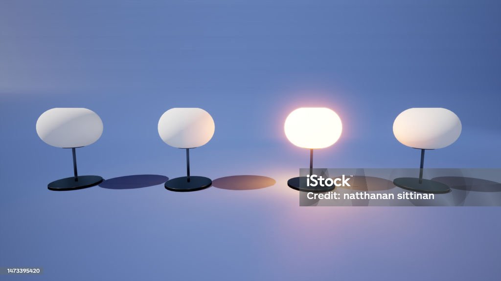 Black Sheep Marketing Concept, A set of floor lamps but has one glowing shining, and look differently, marketing strategy like a fish swimming upstream Black Sheep Marketing Concept, A set of floor lamps but has one glowing shining, and look differently, marketing strategy like a fish swimming upstream, Marketing 4.0 concept,3d illustration Abstract Stock Photo