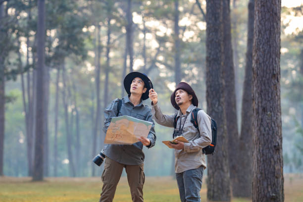 istock Team of the Asian naturalist looking at the map while exploring in the pine forest for surveying and discovering the rare biological diversity and ecologist on the field study usage 1473398571