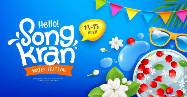 Message du festival Songkran, jasmin, eau et fleur dans un bol, feuille de noix de coco, goutte d’eau et conception d’affiches de bannières de drapeau - Illustration vectorielle