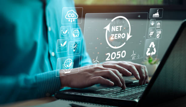 istock Net zero by 2050. Carbon neutral. Net zero greenhouse gas emissions target.climate neutral long term strategy.No toxic gases, implementing carbon capture and storage technologies. sustainable future. 1473400102