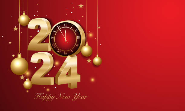 2024년 새해 복 많이 받으세요. 어두운 배경에 황금 크리스마스 장식과 색종이가 있는 3d 금 숫자. 휴일 인사말 카드 디자인입니다. - happy new year 2024 stock illustrations