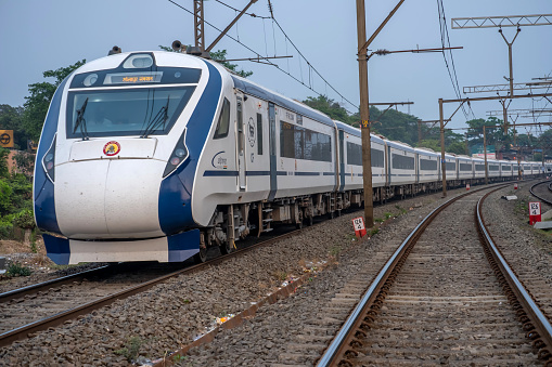 Lonavala, India - March 12 2023: The Mumbai Solapur Vande Bharat Express heading towards Solapur, at Lonavala India.