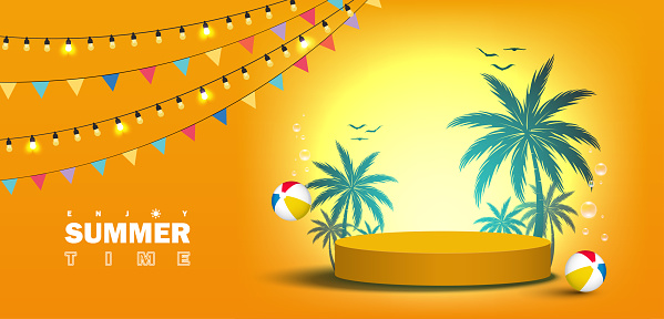 Party Summer background Yellow podium for product display decor with light decorations, flag fancy, and elements in Summer festive. Product stand. Vector illustration.