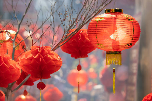 Chinese new year lanterns in old town area. stock photo