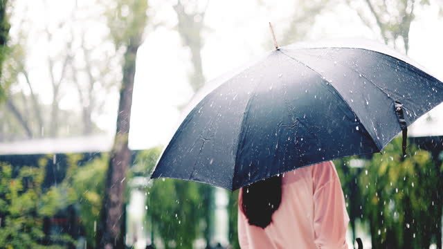 Beautiful teenage girl with an umbrella in the rain