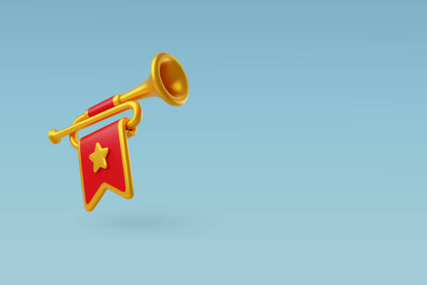 illustrazioni stock, clip art, cartoni animati e icone di tendenza di fanfara vettoriale 3d, tromba d'oro, strumento musicale medievale per cerimonia. - trumpet musical instrument music brass