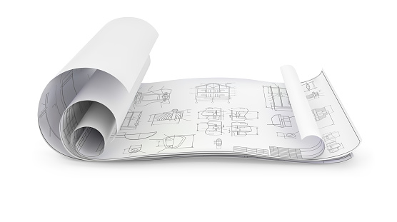 Several unfolded blueprints on a surface on a white background. Vector illustration