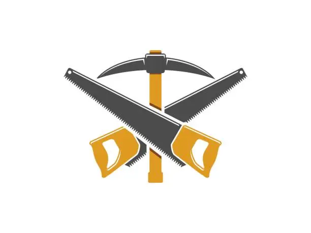 Vector illustration of Cross hand saw with mining axe