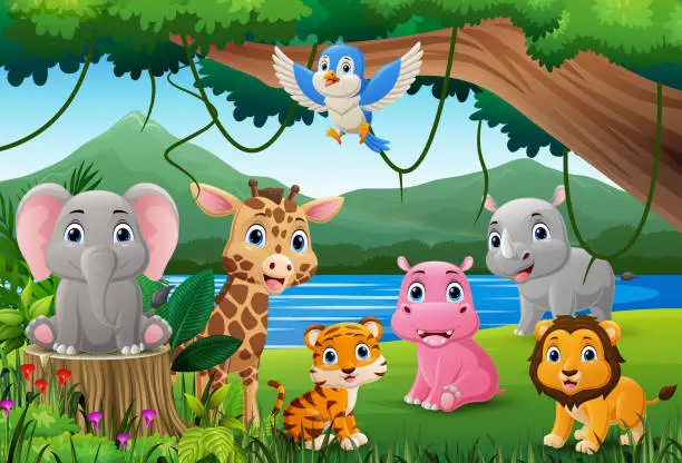 Vector illustration of Cartoon wild animals in the jungle