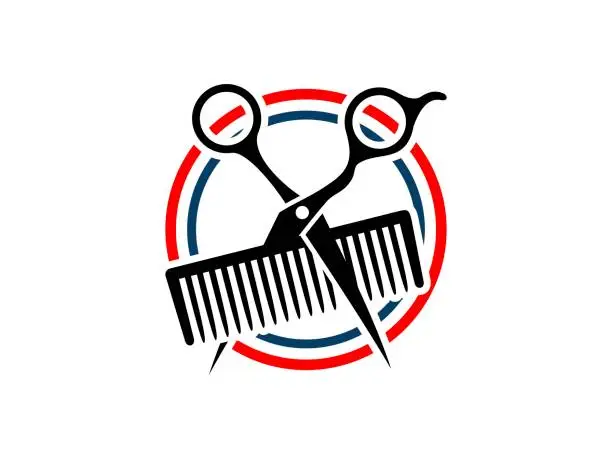 Vector illustration of Circular shape with scissors and comb
