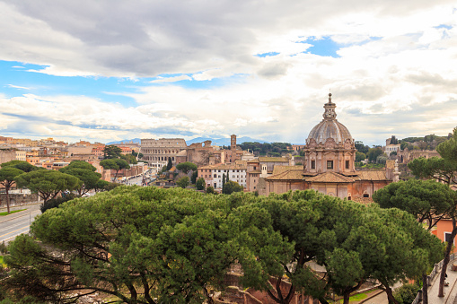 Panoramic elevated view over the city of Rome, Italy, June 02 2015, with residential, historical and commercial buildings.