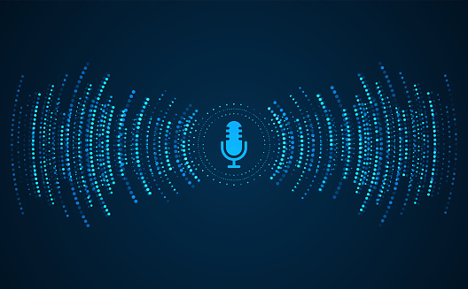 Podcast concept. Microphone with voice recording wave. Future technology