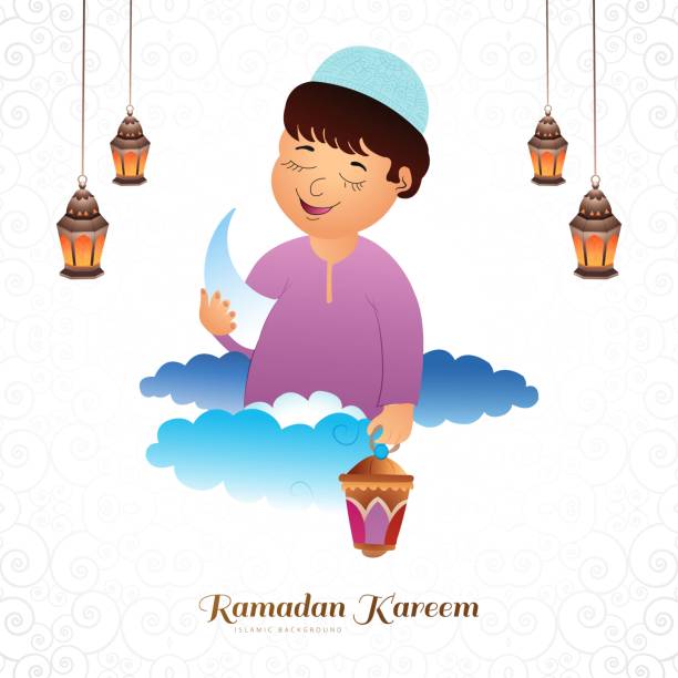 ilustraciones, imágenes clip art, dibujos animados e iconos de stock de tarjeta de felicitación kareem de ramadán con hermosos niños musulmanes sosteniendo el diseño de la linterna árabe - 5659