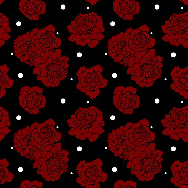 Vector illustration of vector seamless pattern with scarlet roses on black background.