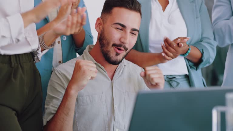 Clapping, laptop and winning people in office success, congratulations and celebration of company target sales. Winner, wow and applause for worker, employees or man promotion, news or opportunity