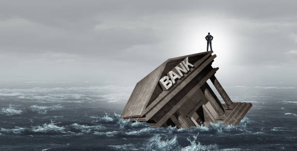Banking Default Banking Default and Bank Crisis or as Banks drowning in debt with financial instability or insolvency concept as an urgent business and global market problem as a 3D illustration. collapsing stock pictures, royalty-free photos & images