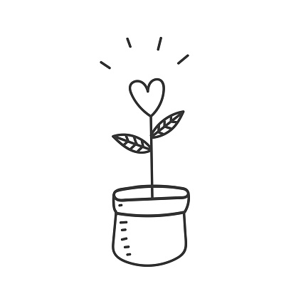 hand drawn doodle Hands holding houseplant with hearts as flowers