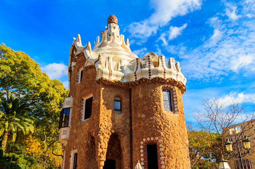 Fairytale gingerbread house in Park Guell designed by Antoni Gaudi in Barcelona, Spain