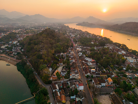 Scenic aerial view of Luang Prabang town and Mekong river